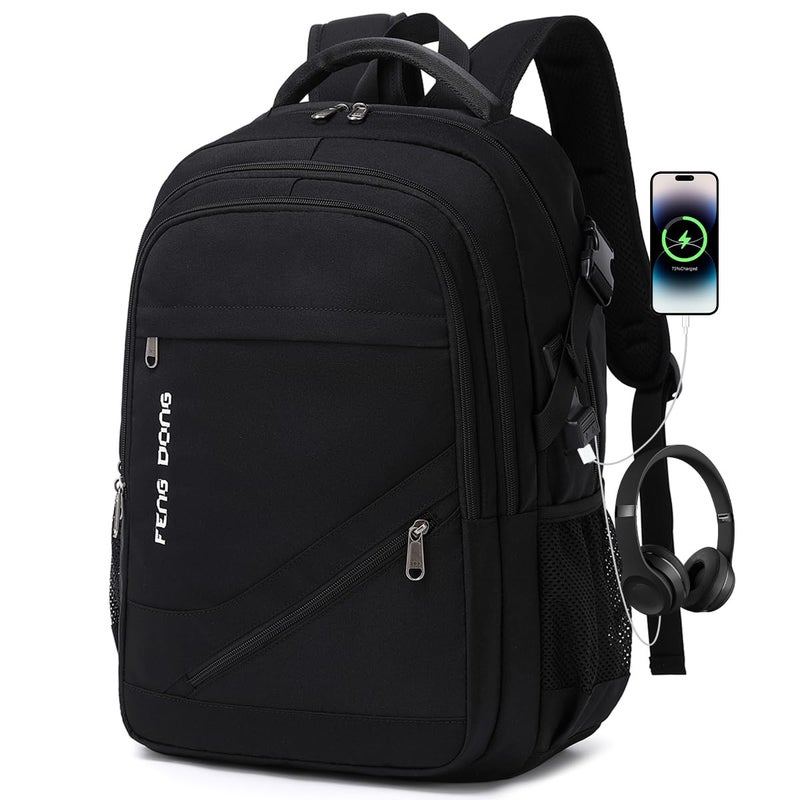 FENGDONG Durable Waterproof Travel Laptop Backpack 17.3 inch,Large College Backpack Bookbag for Men & Women Business Backpack with USB Charging Port and Headset Port Black - Image 1